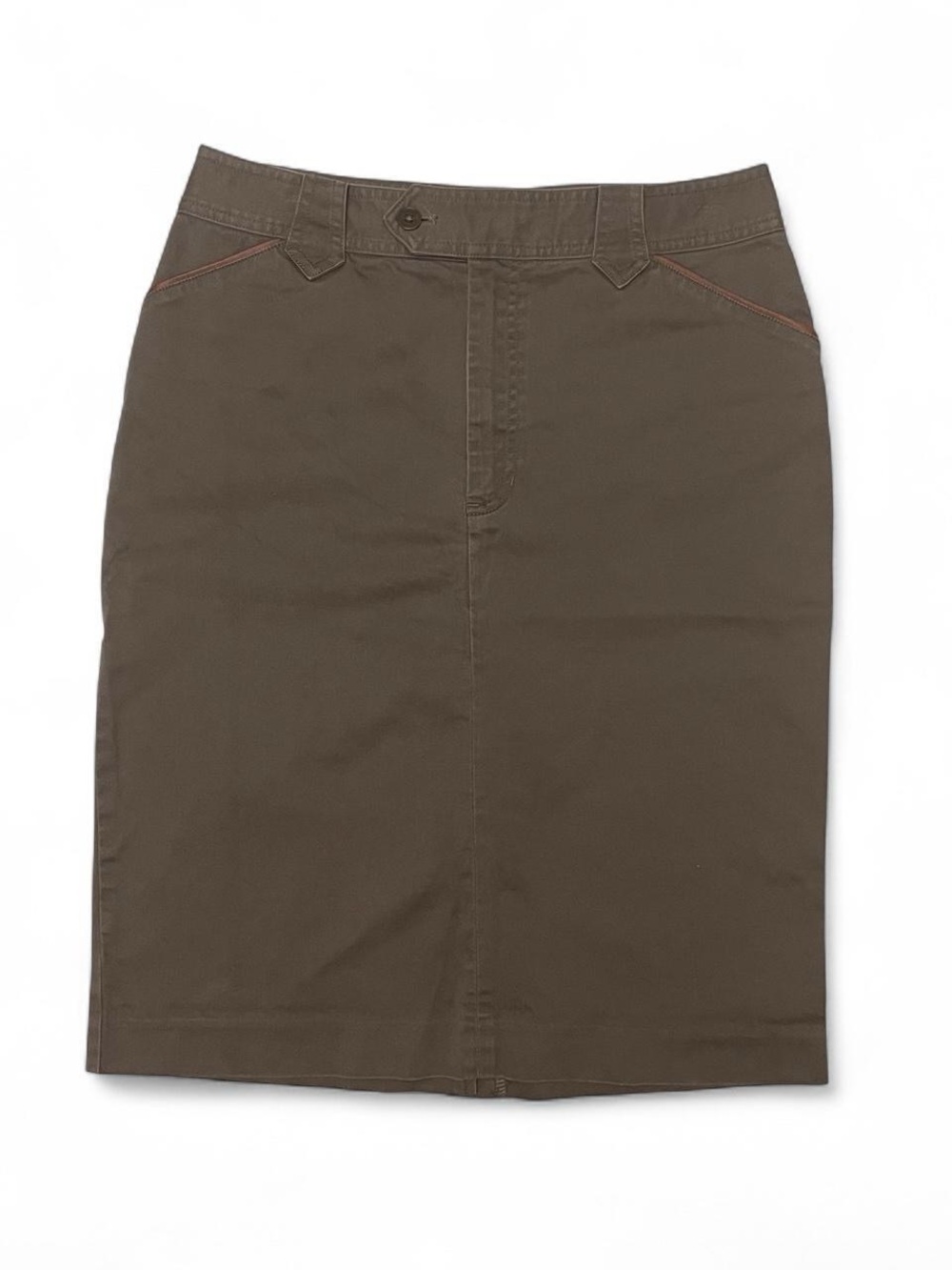 Y2K 90s Vintage Ralph Lauren Brown Cotton Blend Pencil Skirt with Leather Trim